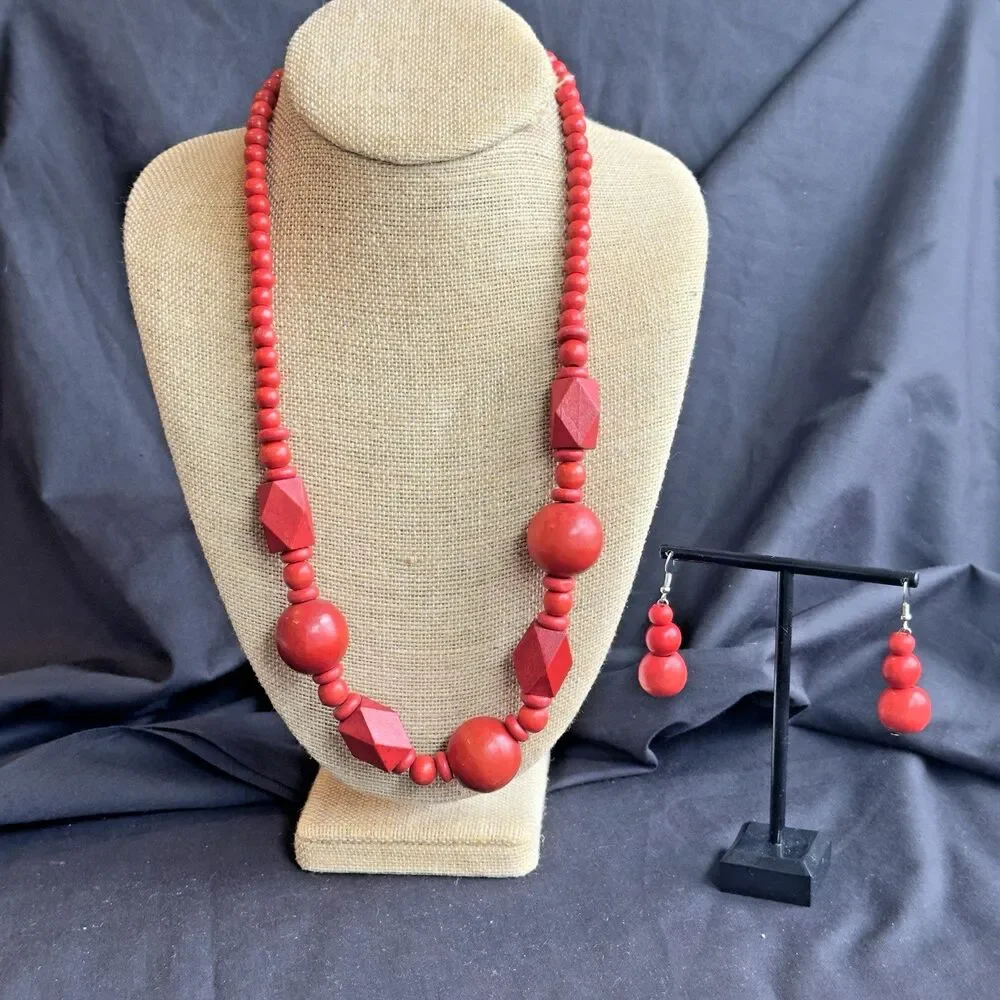 Necklace w Matching Earrings Fashion Set Statement Chunky Red Light Wooden Bead